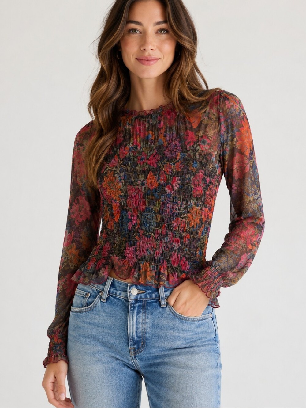 Natural Life Juliana Dark Floral Mesh Smocked Long Sleeve Top XL NWT